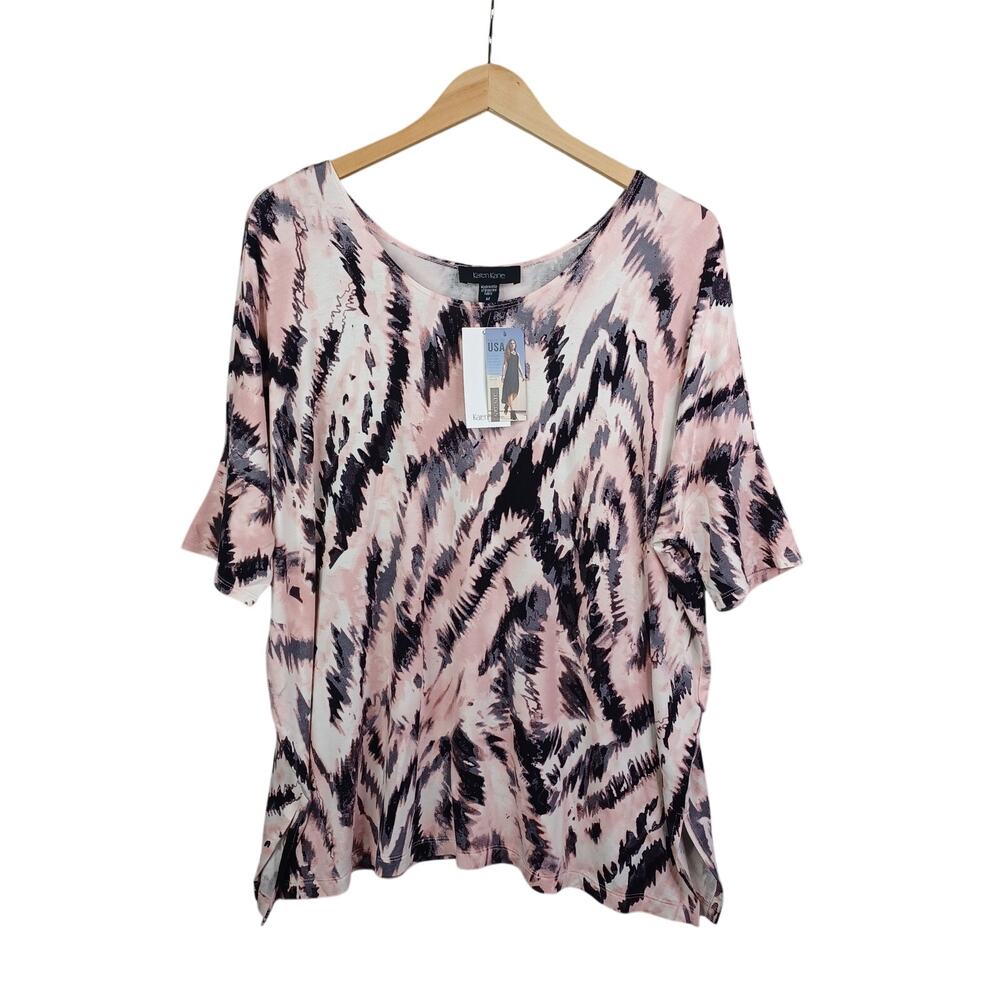 Karen Kane Side Slit Tunic Half Sleeve Stretch Knit Top M Pink Boxy Abstract NWT